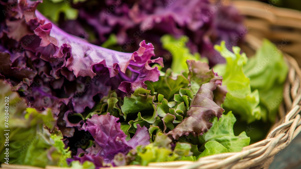 A closeup of a basket overflowing with bright purple and green lettuce leaves their textures and shades mingling together like a painters palette beckoning with promises of