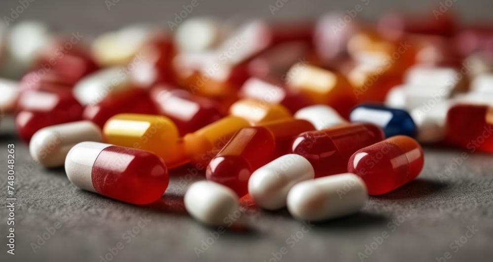  Vibrant assortment of colorful pills on a dark surface