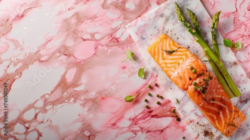 Salmon dish on a plate. Stone background in pink and red colors. © Mikołaj Rychter