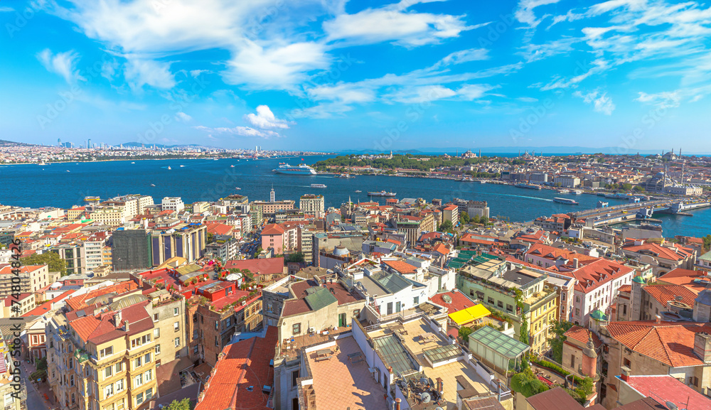 Aerial cityscape of istanbul with prominent landmarks and the bosphorus strait on a clear day from Galata Tower aerial view in Turkiye