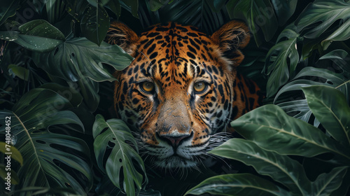 A jaguar looks through green leaves in the jungle