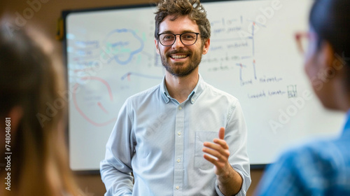 A handsome teacher explaining a concept on a whiteboard with a gentle smile, engaging his students, kind handsome teacher, blurred background, with copy space