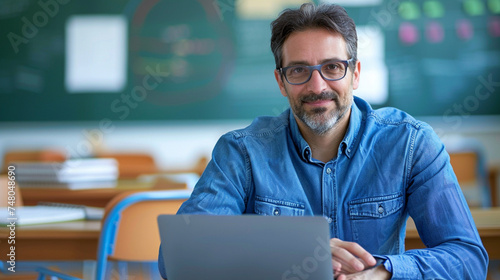 A male teacher sitting on a desk with a laptop, looking approachable and ready to help, kind handsome teacher, blurred background, with copy space