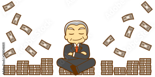 たくさんの札束に囲まれてあぐらをかく悪徳政治家