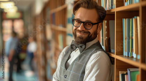 A well-dressed teacher leaning against a bookshelf, sharing a light moment with his class, kind handsome teacher, blurred background, with copy space