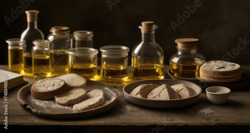  A rustic table setting with bread, flour, and oil, evoking a sense of homemade culinary delight