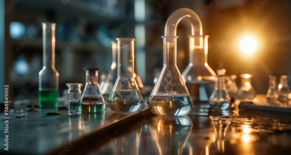 Science in action - A laboratory setup with flasks and test tubes Science in action - A laboratory setup with flasks and test tubes