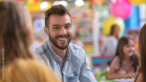 A teacher at a school fair, manning a booth with interactive educational games, engaging with students and parents alike, kind handsome teacher, blurred background, with copy space