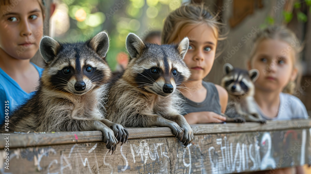 Fototapeta premium three children with raccoons