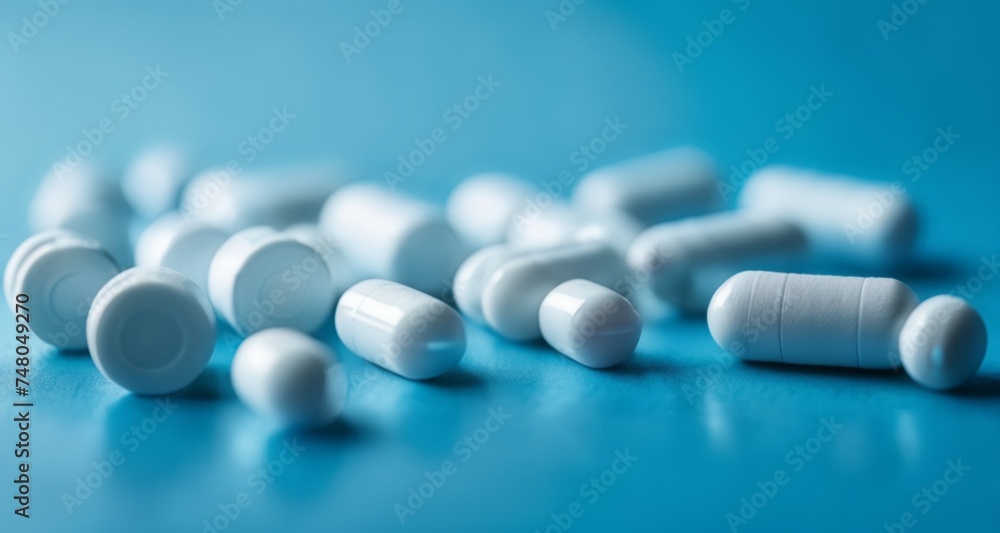 A collection of white capsules on a blue background A collection of white capsules on a blue background