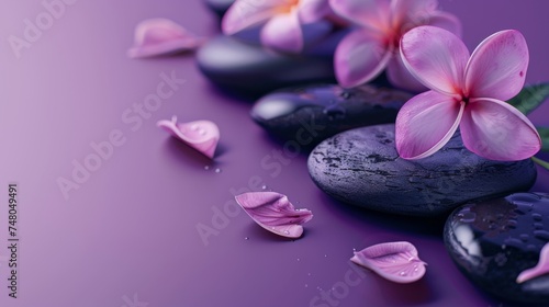 Top view Flat-lay composition with black spa stones massage treatment and flowers isolated purple background space for text  Elegant and luxury spa. mock up  template. Health and beauty care concept