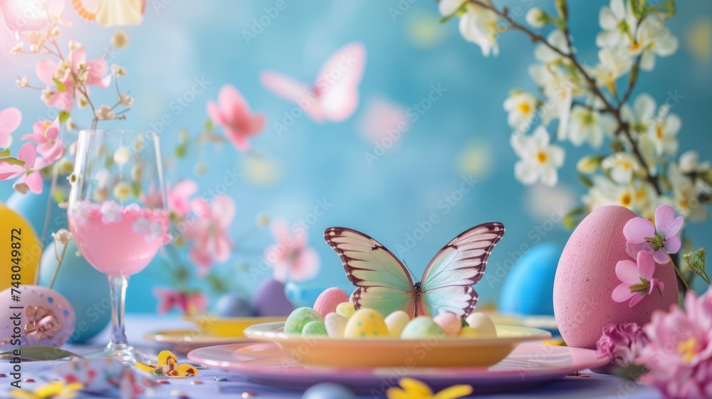 Easter Celebration Table Setting with Butterfly. A festive Easter table setting adorned with pastel-colored eggs, fresh spring flowers, and a delicate butterfly, all set against a cheerful, blue