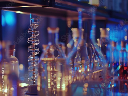Intricate Glassware in a Scientific Research Laboratory. A collection of intricate glassware is showcased in a scientific laboratory, bathed in a blue hue that suggests cutting-edge research