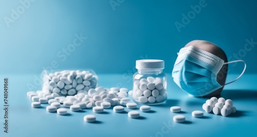  Medication and medical supplies on a blue background photo