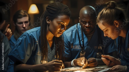 A visually striking image of a diverse group of medical doctors in a hospital setting, engaged in a team discussion, symbolizing collaboration and multidisciplinary care. photo