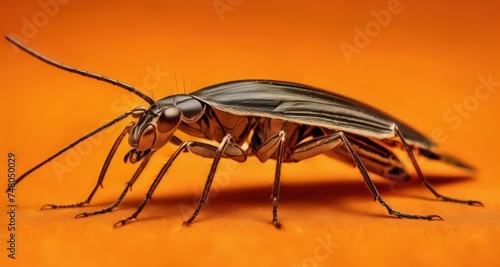  A close-up of a vibrant grasshopper on a warm orange background © vivekFx