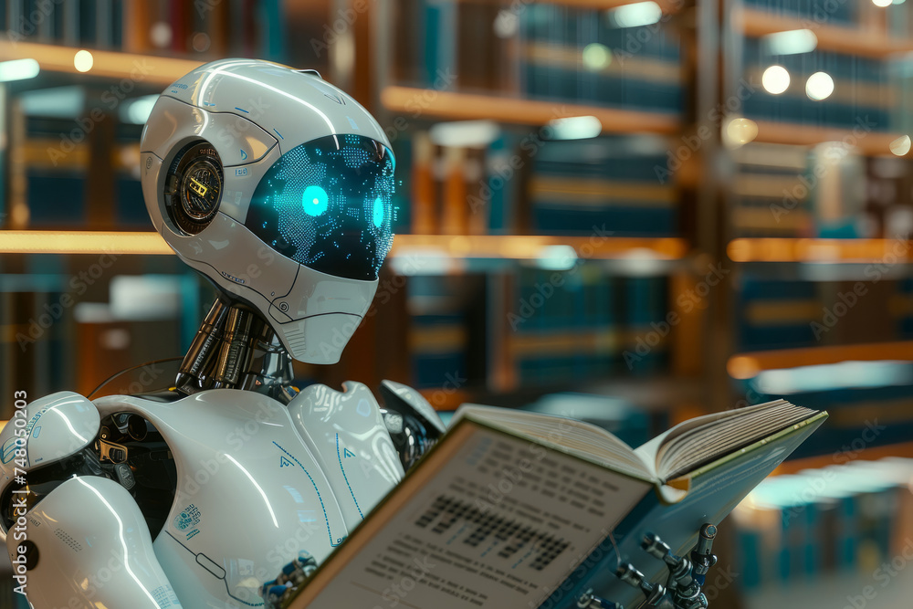 Fototapeta premium A 3D illustration depicting a humanoid robot engaged in reading a book and solving math problems, symbolizing the concept of future mathematics, artificial intelligence, data mining.
