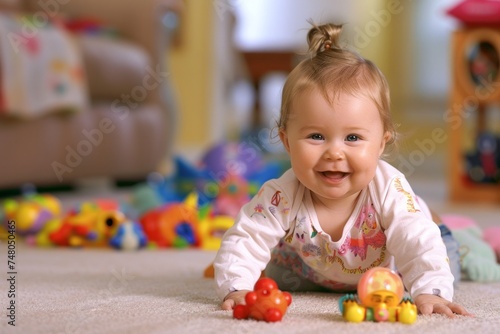 Cheerful baby girl playing with colorful blocks on floor at home
