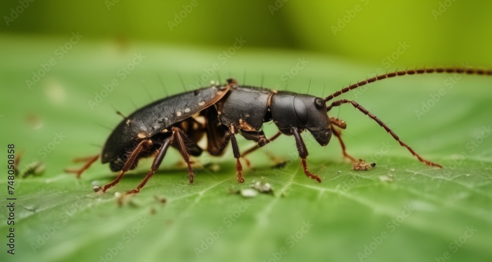 A close-up of a vibrant insect on a leafy green background A close-up of a vibrant insect on a leafy green background