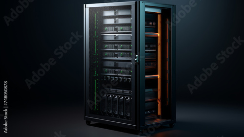 Running Server rack with orange neon lights . Isolated on dark background