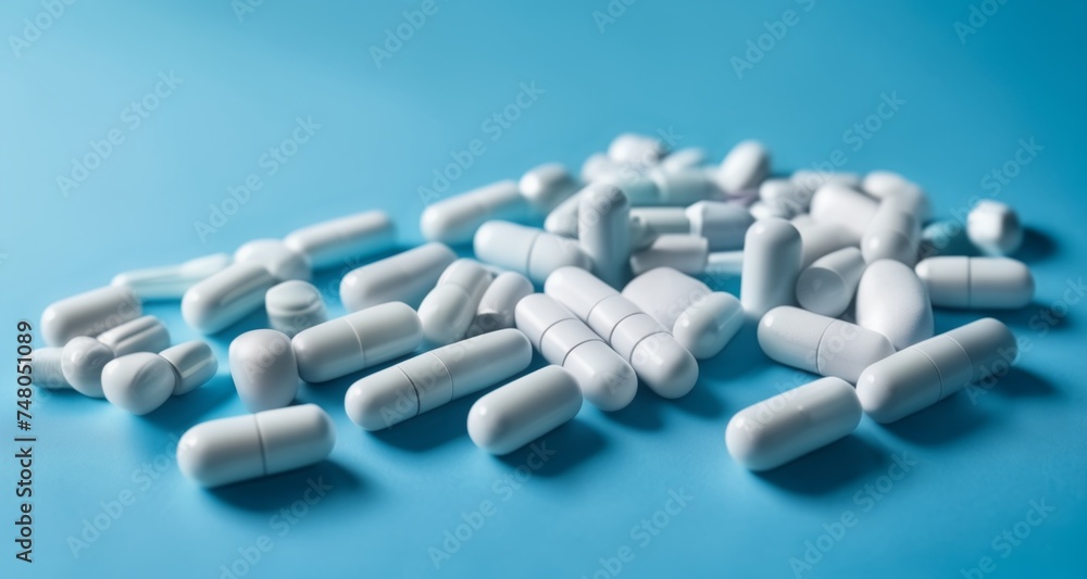 A collection of white capsules on a blue background A collection of white capsules on a blue background