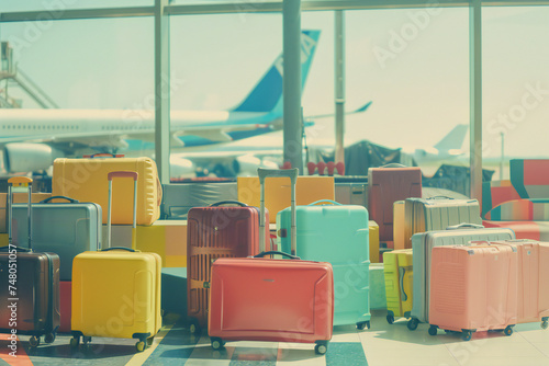 Suitcases in airport terminal waiting area airplane 
