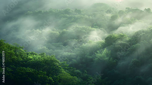 Mystical Morning And Sunlight Piercing Through the Mist of a Lush Rainforest