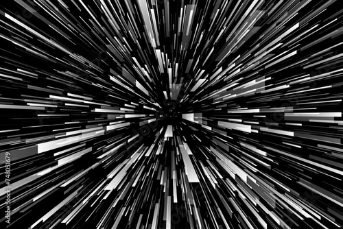 Abstract futuristic black and white technology background with geometric digital explosion. Radial monochrome lines in speed motion effect. High speed wireless big data transmission concept. Vector