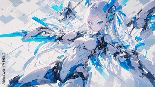 White and Blue Robot Girl Anime Style