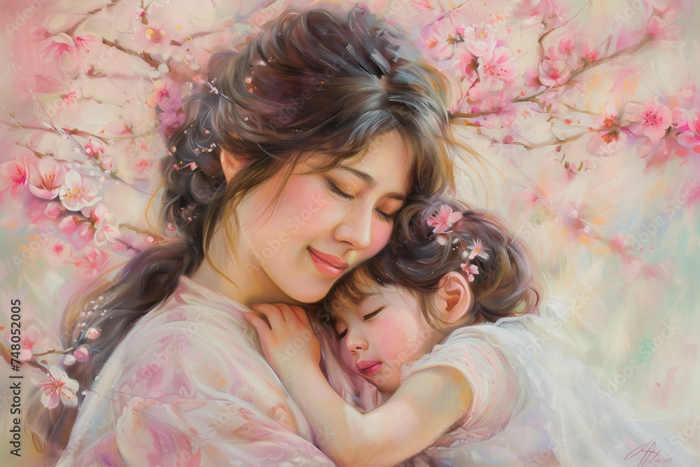 Pastel portrait of mother and child in tender embrace amidst vibrant spring blossoms, a heartfelt homage to the nurturing essence of women, perfect for International Women's Day celebration. Pastel portrait of mother and child in tender embrace amidst vibrant spring blossoms, a heartfelt homage to the nurturing essence of women, perfect for International Women's Day celebration.