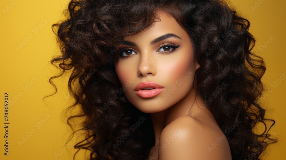Female in a yellow dress sits against the background. Portrait of a woman with curly hair Female in a yellow dress sits against the background. Portrait of a woman with curly hair