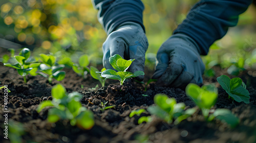 A gardener planting seedlings, with freshly turned soil as the background, during the cool morning hours