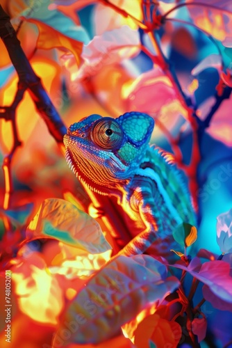 Chameleons as spies, blending into magical environments, bright colors