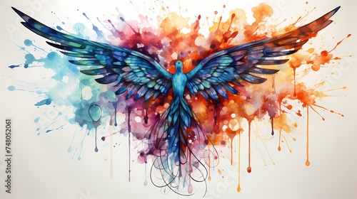 An artistic composition featuring a medical caduceus symbol, formed by vibrant watercolor strokes, representing the fusion of art and medicine, with a dynamic and expressive appearance photo
