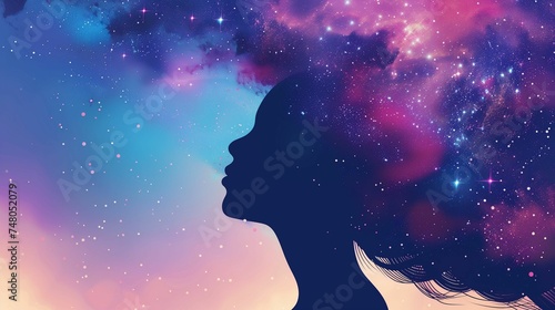 Silhouette of a woman against the backdrop of the stellar universe photo