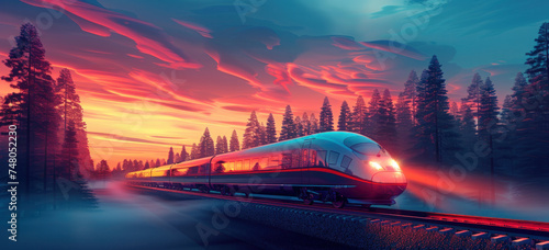 a luxury fast train traveling through a forest with a cloudy sky