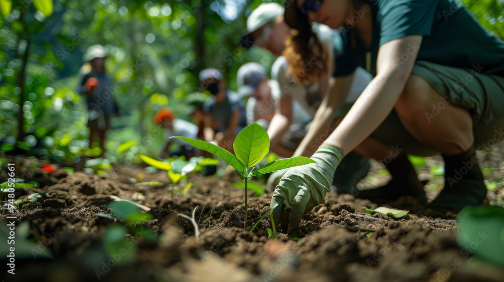 Fototapeta premium young people plant new trees