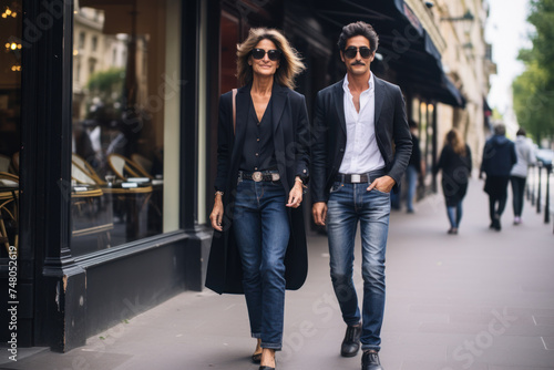 A stylish fifty-year-old couple walks through a European city.