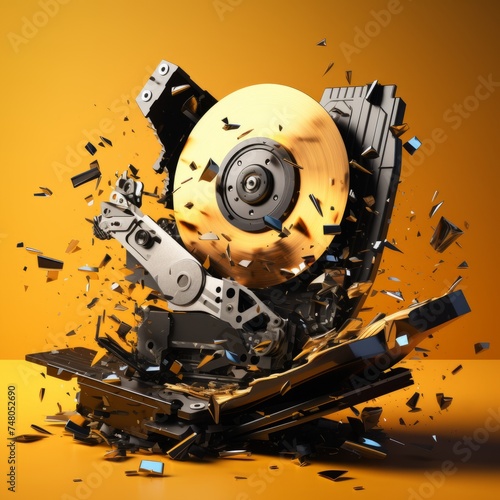 destroyed and shattered hard drive with pieces flying around. Data destruction concept photo