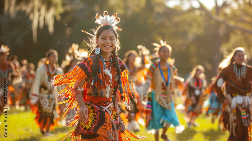 Native American children in traditional clothing dancing at a festival
