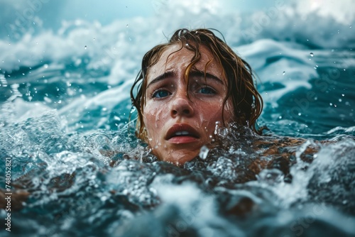 Portrait of a beautiful girl in the water in the pool.