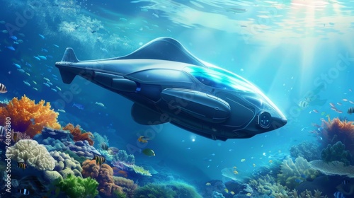 Futuristic marine life conservation  biotech sharks  vivid