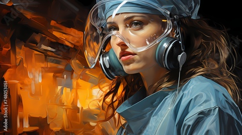 An artistic composition featuring a medical doctor wearing a face mask and shield, symbolizing the dedication and resilience of healthcare professionals during challenging times. photo
