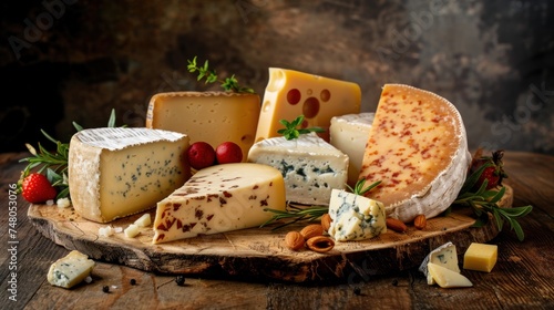 A delectable assortment of mixed cheeses adorns the rustic wooden table.