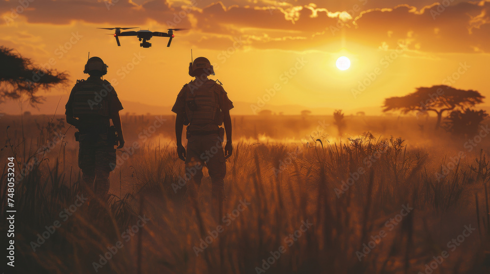 two animal rights activists and a drone that monitors the landscape in Africa