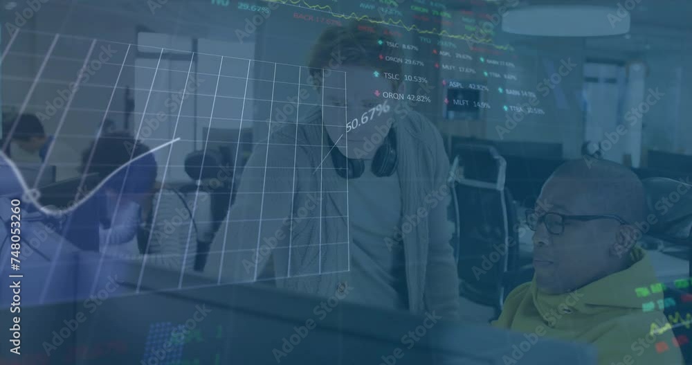 Animation of charts and data processing over diverse male colleagues discussing at computer Animation of charts and data processing over diverse male colleagues discussing at computer
