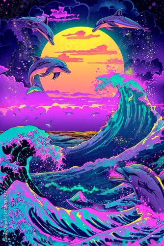 dolphin swimming with fluorescent dolphins, abstract ocean waves © kitinut