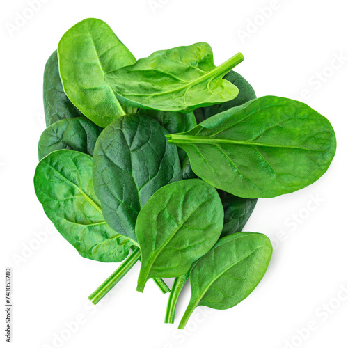 Spinach leaves isolated on white background. Various fresh green Espinach Macro. Top view. Flat lay..