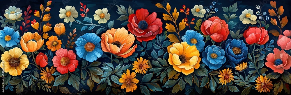 Seamless border with colorful flowers on dark background - obrazy, fototapety, plakaty 