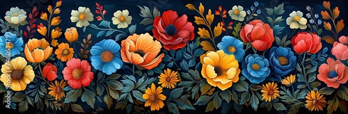 Seamless border with colorful flowers on dark background photo
